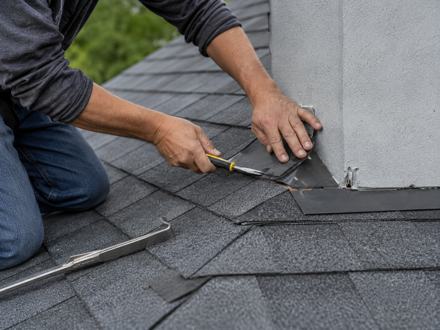 Close-up of a roofer replacing shingles near a chimney