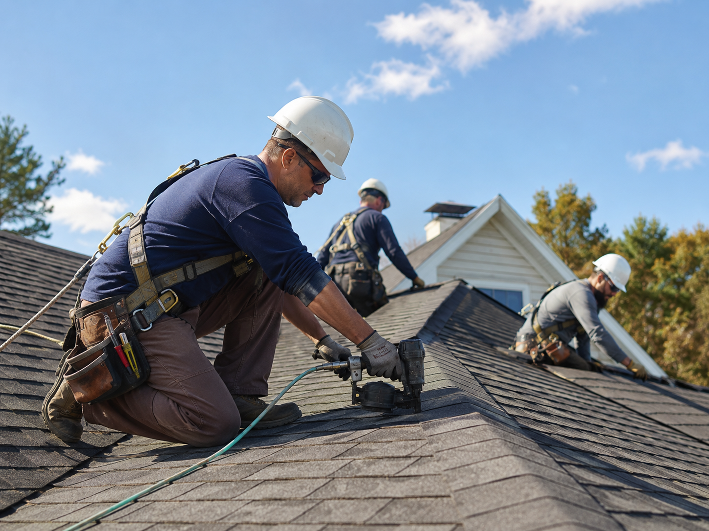 Roofing crew installing shingles on a home