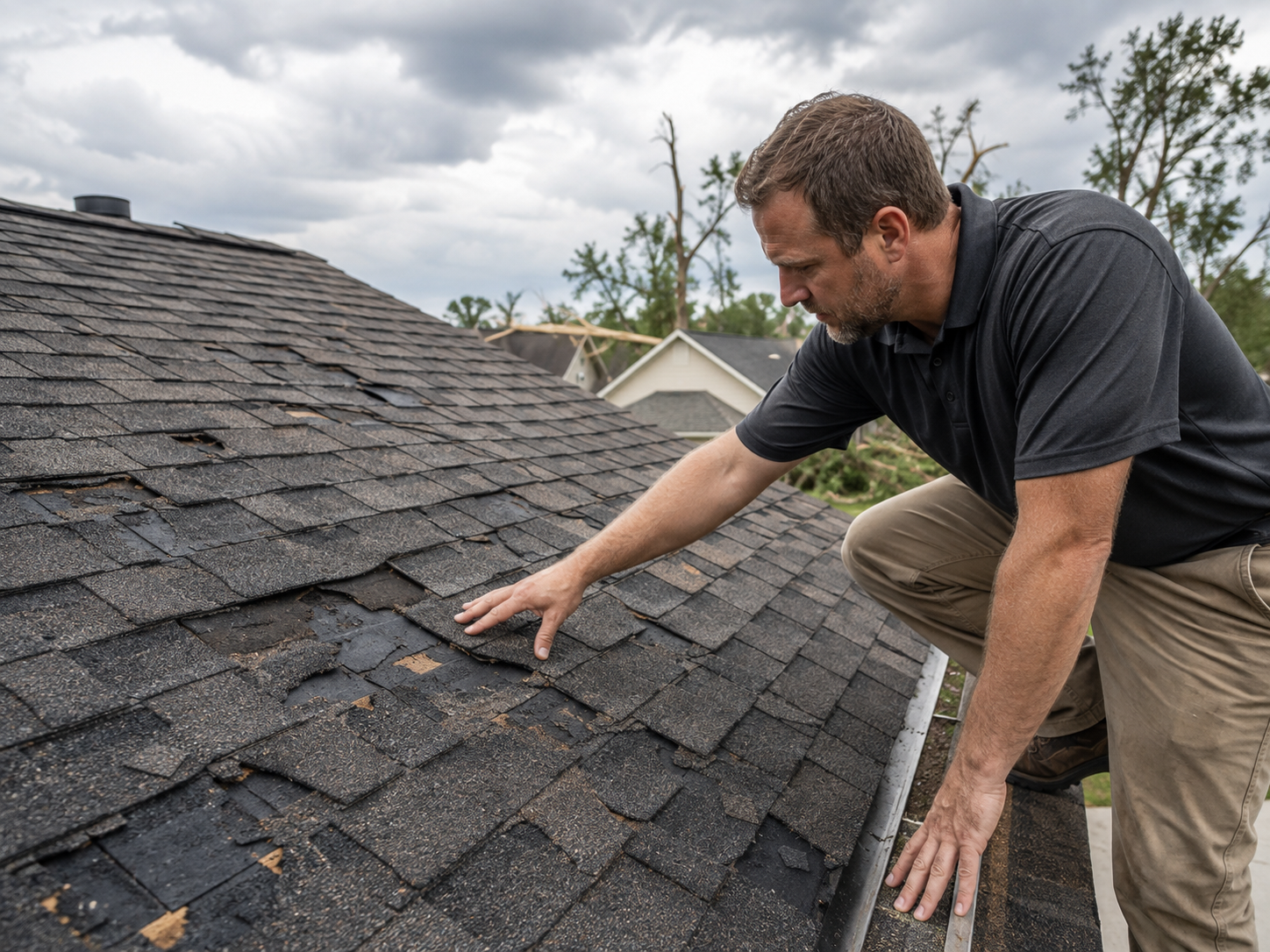 Contractor inspecting storm-damaged roof shingles