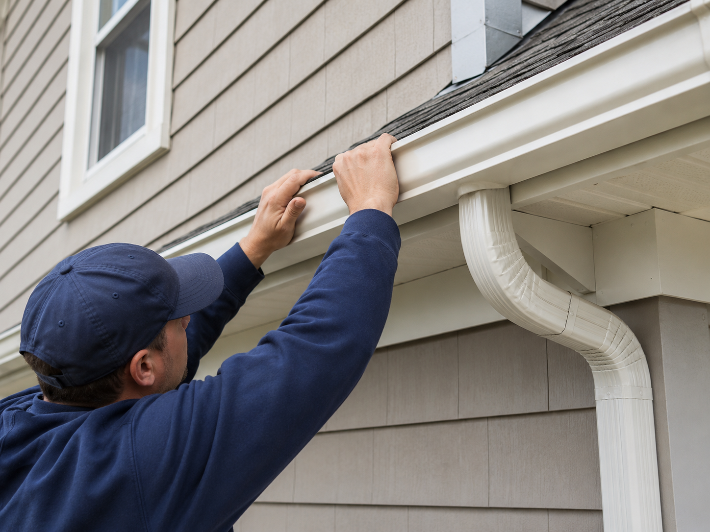 Close-up of a new gutter installation on a home