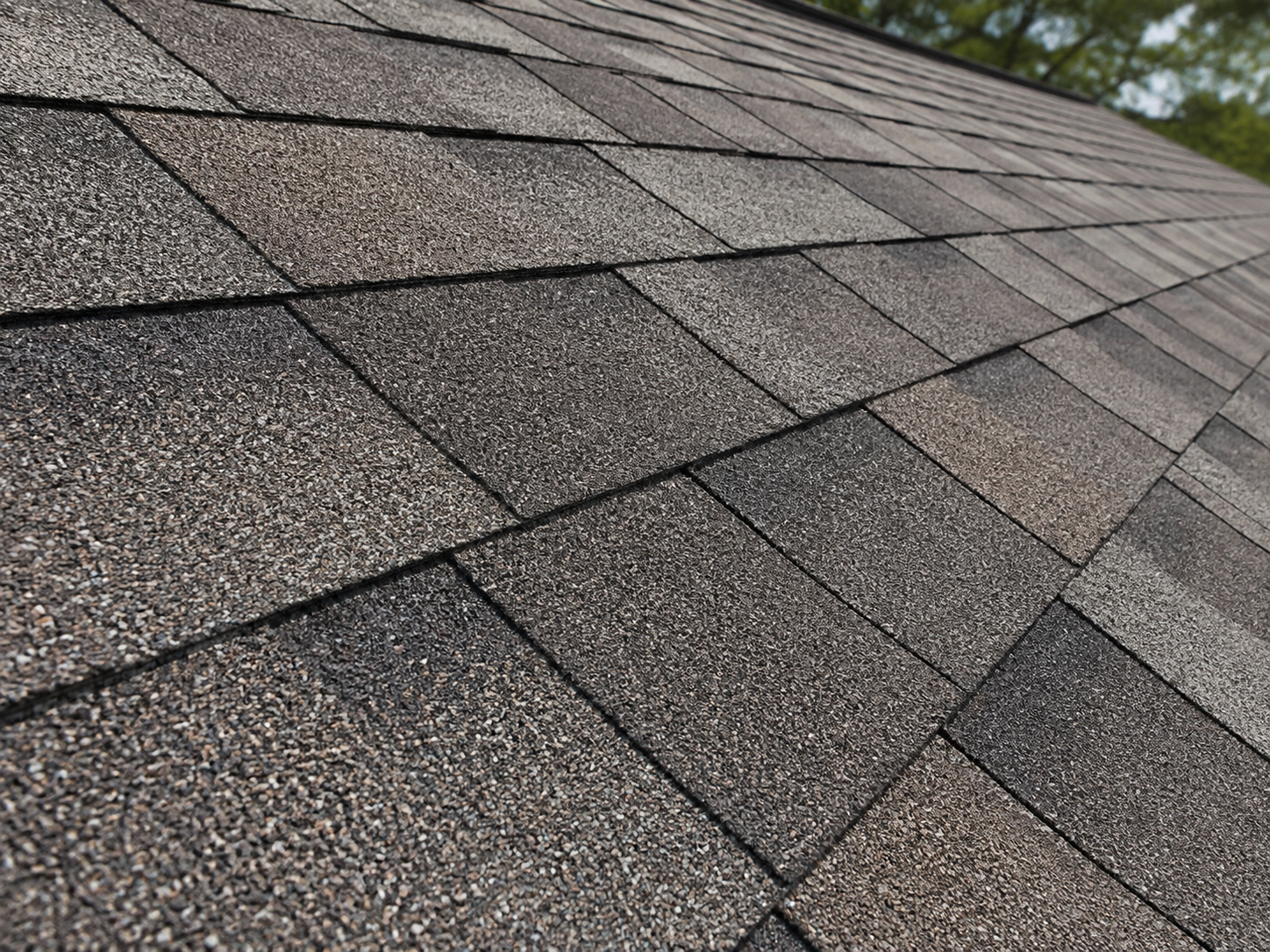 Close-up of overlapping architectural shingles on a roof